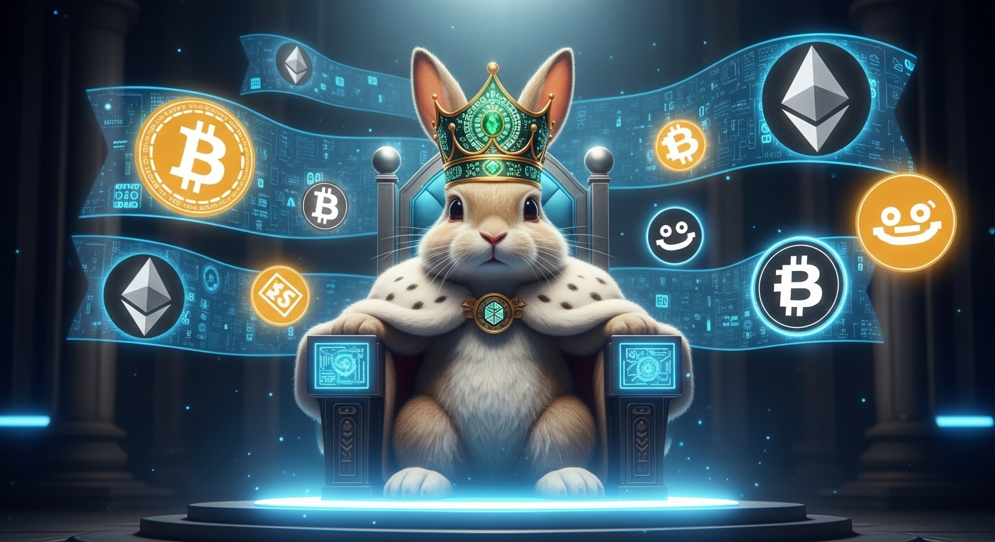 "Create a photorealistic artwork of a bunny wearing an emerald-and-gold royal crown with blockchain engravings, seated on a glowing digital throne. Bitcoin, Ethereum, and meme coin emblems float in the air like banners of his empire. The scene radiates prestige, wealth, and futuristic power."